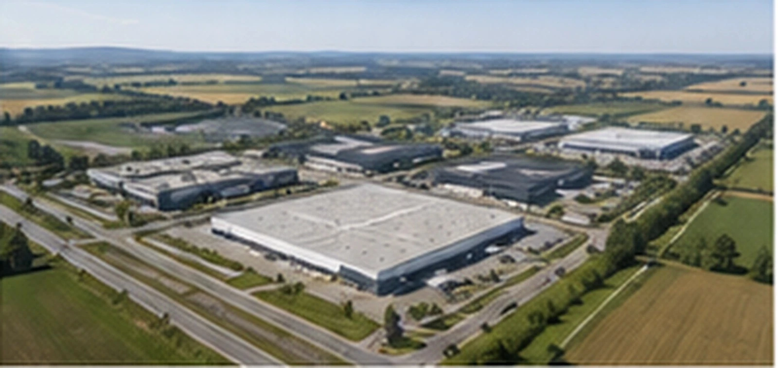 Gewerbegebiet mit Hallen und angrenzenden Feldern