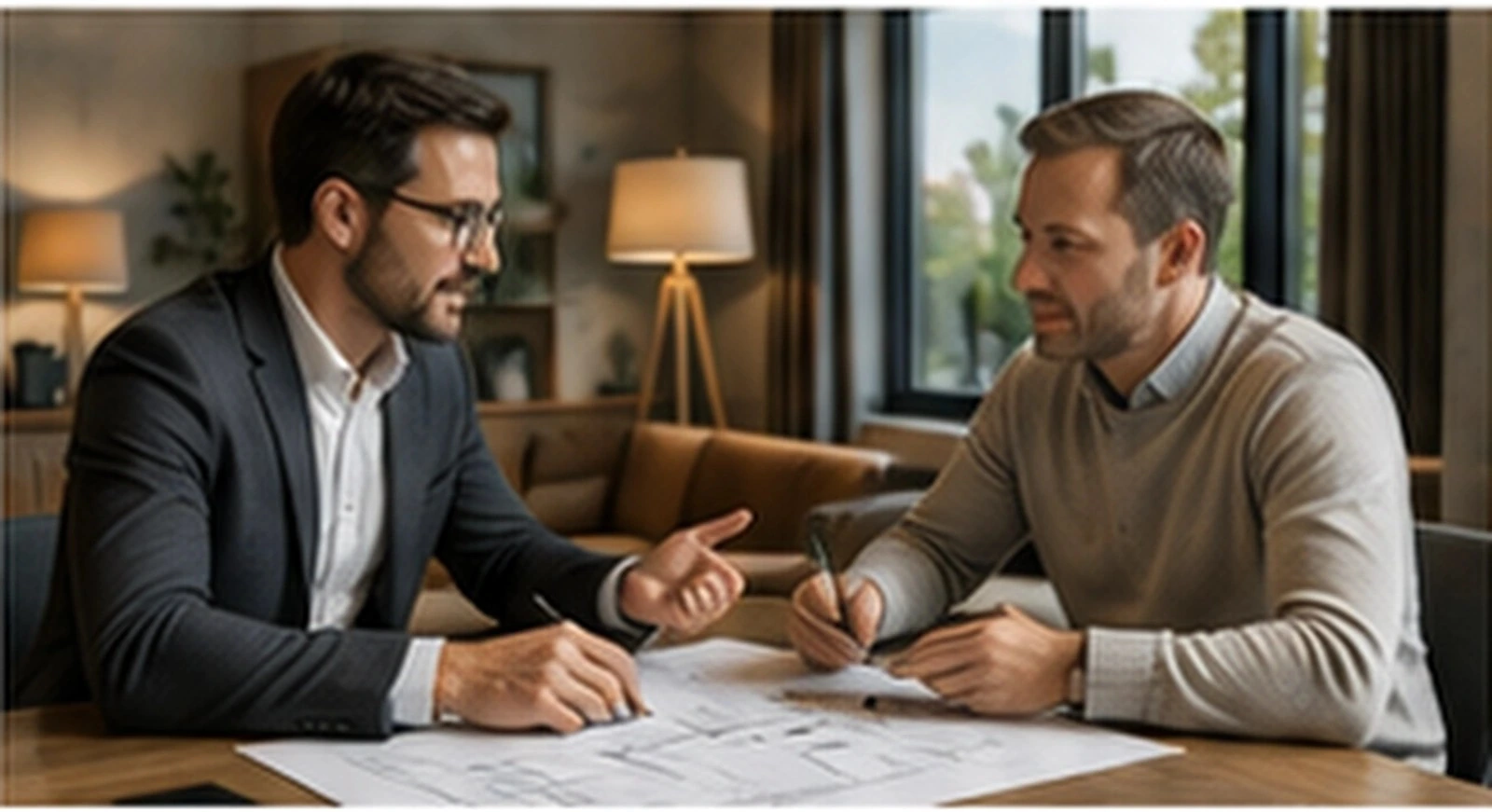 Besprechung eines Unternehmensprojekts mit Planunterlagen